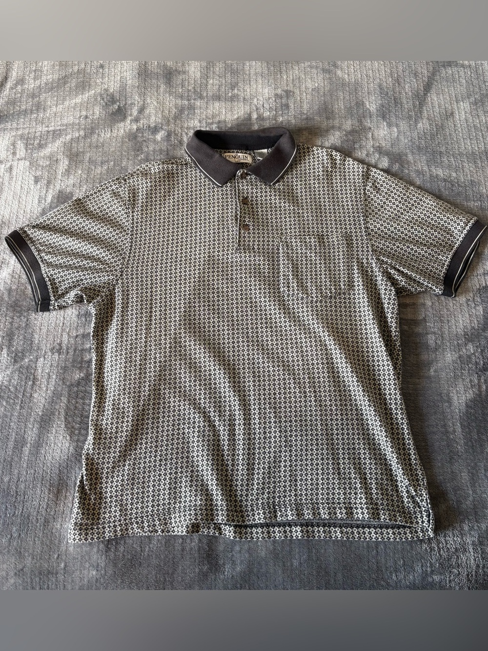 Vtg Penguin Sport Men's L Black/White Geometric Short Sleeve Collared Polo Shirt